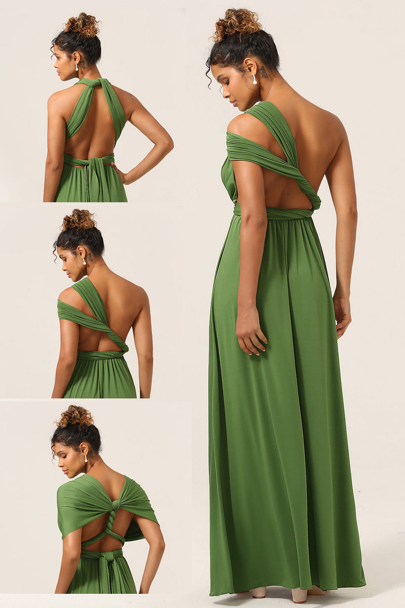 Load image into Gallery viewer, Charming A Line Olive Green Spandex Convertible Wear Long Bridesmaid Dress