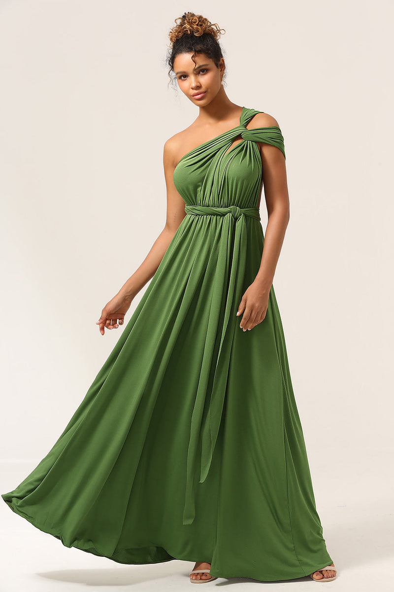 Load image into Gallery viewer, Charming A Line Olive Green Spandex Convertible Wear Long Bridesmaid Dress