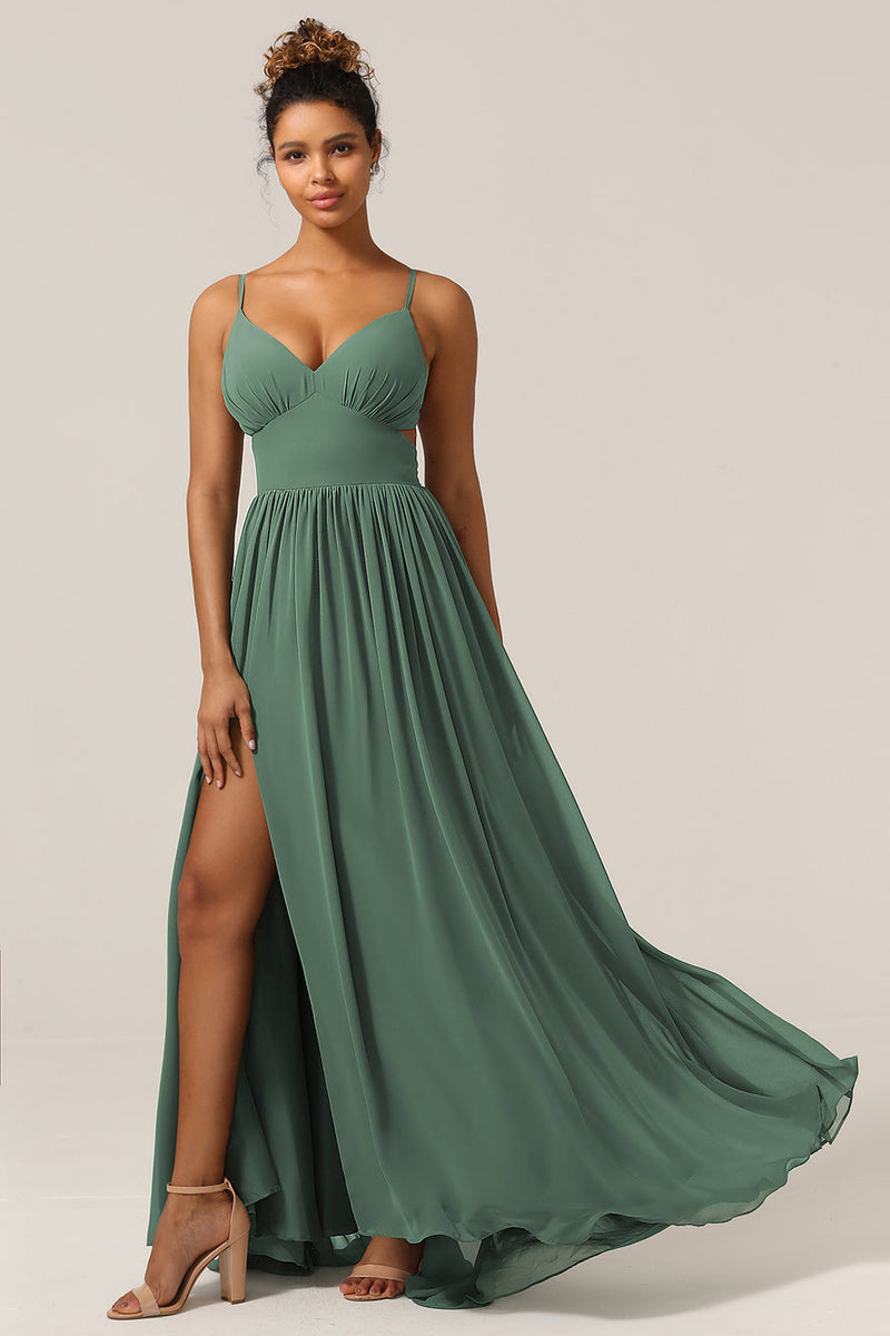 Load image into Gallery viewer, Eucalyptus Spaghetti Straps A Line Bridesmaid Dress with Slit