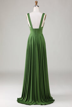 Olive Deep V-neck Sleeveless Long Bridesmaid Dress