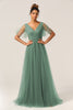 Load image into Gallery viewer, Eucalyptus V Neck Open Back A Line Bridesmaid Dress