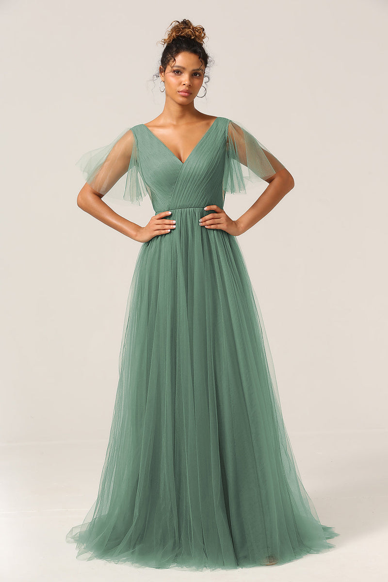 Load image into Gallery viewer, Eucalyptus V Neck Open Back A Line Bridesmaid Dress