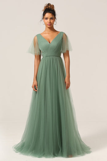 Eucalyptus V Neck Open Back A Line Bridesmaid Dress