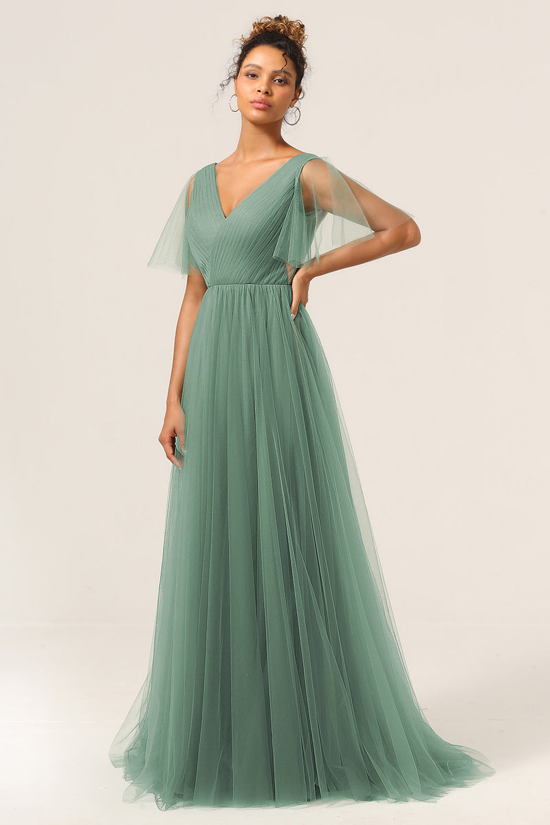 Load image into Gallery viewer, Eucalyptus V Neck Open Back A Line Bridesmaid Dress