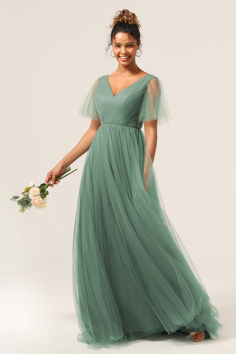 Load image into Gallery viewer, Eucalyptus V Neck Open Back A Line Bridesmaid Dress