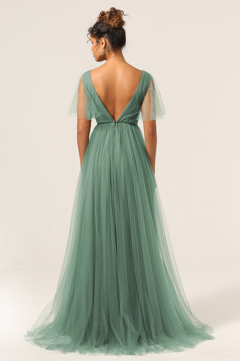 Load image into Gallery viewer, Eucalyptus V Neck Open Back A Line Bridesmaid Dress