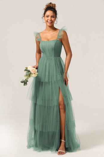 Detachable Straps A Line Eucalyptus Bridesmaid Dress