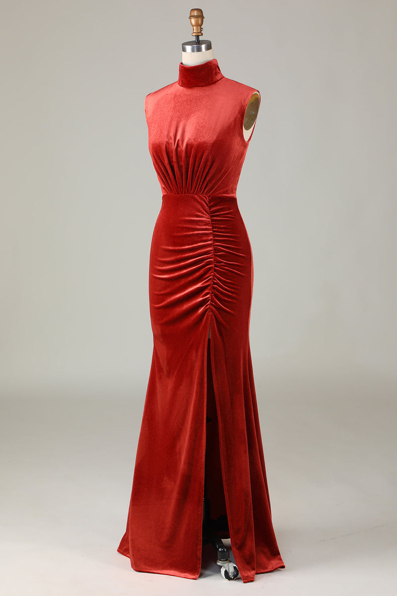 Load image into Gallery viewer, Mermaid Terracotta Velvet Sleeveless Bridesmaid Dress