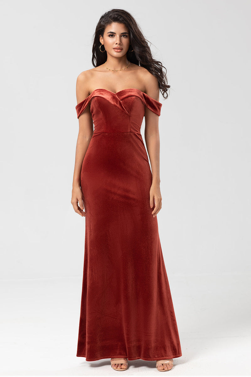 Load image into Gallery viewer, Off The Shoulder Terracotta Long Bridesmaid Dress