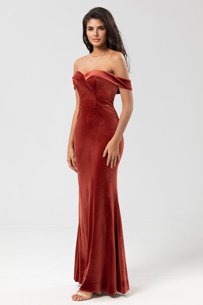 Load image into Gallery viewer, Off The Shoulder Terracotta Long Bridesmaid Dress