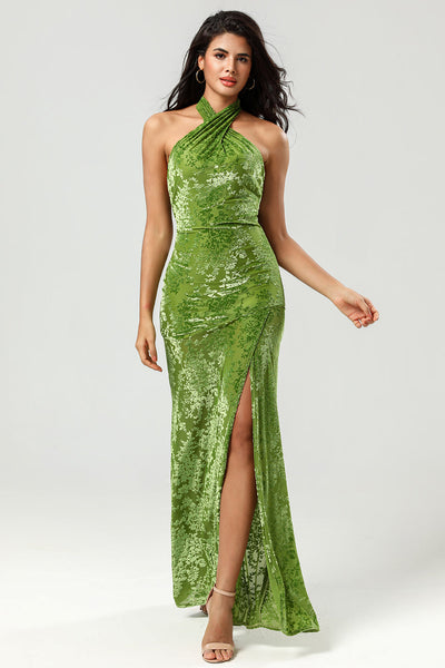 Mermaid Halter Velvet Olive Bridesmaid Dress with Slit