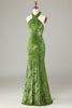 Load image into Gallery viewer, Velvet Halter Olive Bridesmaid Dress