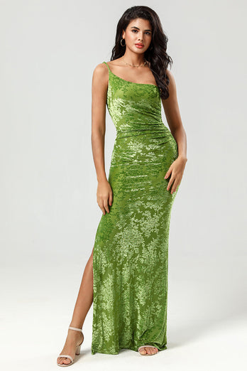 One Shoulder Velvet Olive Bridesmaid Dress with Slit