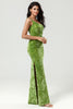 Load image into Gallery viewer, One Shoulder Velvet Olive Bridesmaid Dress with Slit