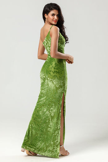 One Shoulder Velvet Olive Bridesmaid Dress with Slit