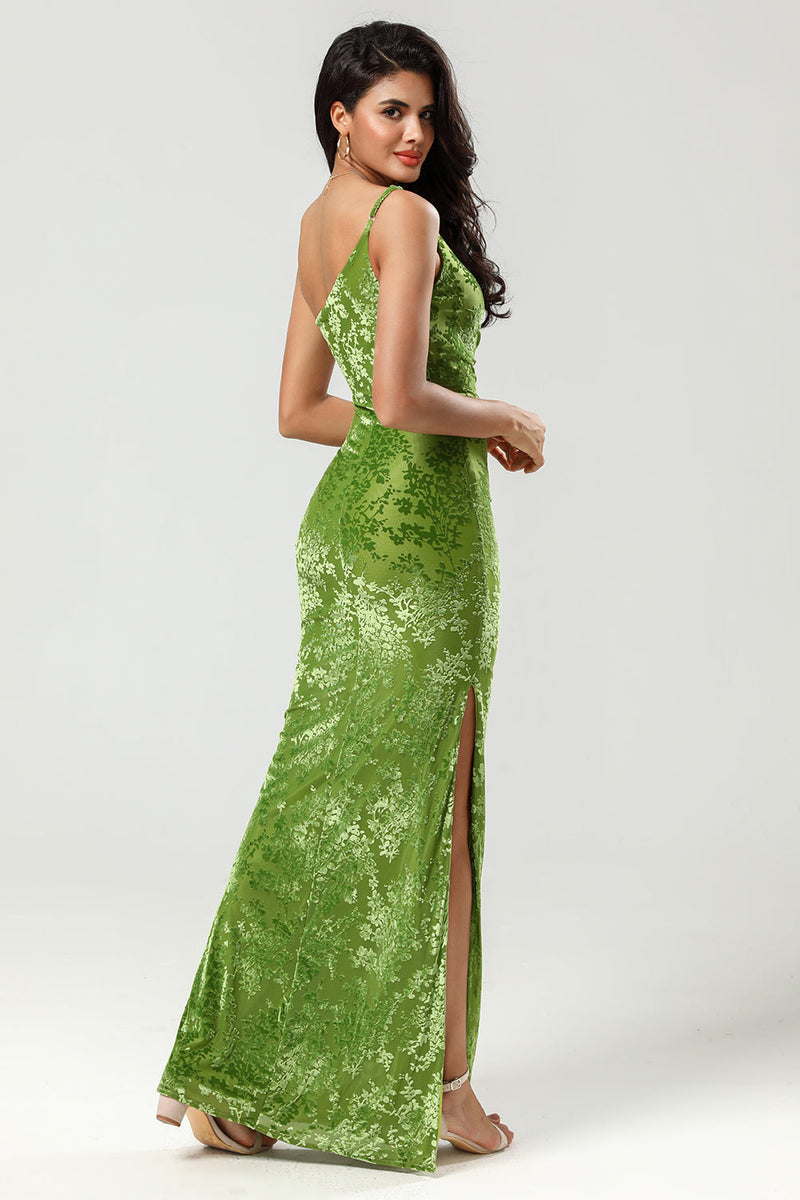 Load image into Gallery viewer, One Shoulder Velvet Olive Bridesmaid Dress with Slit