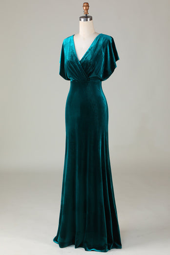 Velvet V-Neck Peacock Bridesmaid Dress with Ruffles