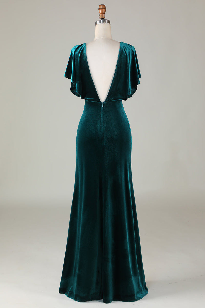 Load image into Gallery viewer, Velvet V-Neck Peacock Bridesmaid Dress with Ruffles