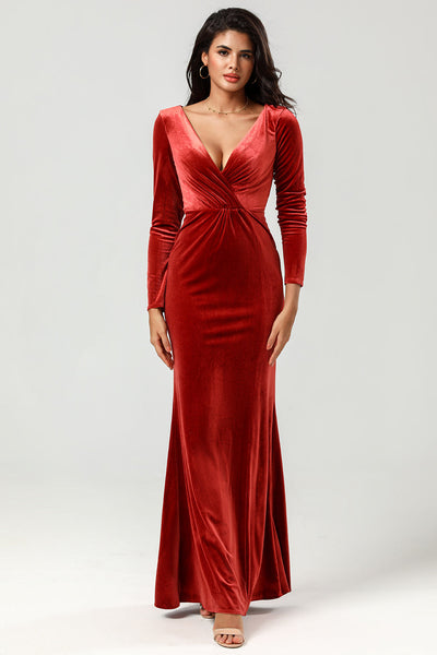 Velvet Terracotta Long Bridesmaid Dress with Long Sleeves