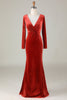 Load image into Gallery viewer, Velvet Mermaid Terracotta Bridesmaid Dress with Long Sleeves