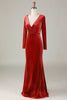 Load image into Gallery viewer, Velvet Mermaid Terracotta Bridesmaid Dress with Long Sleeves