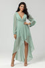 Load image into Gallery viewer, High Low V-Neck Matcha Bridesmaid Dress with Long Sleeves