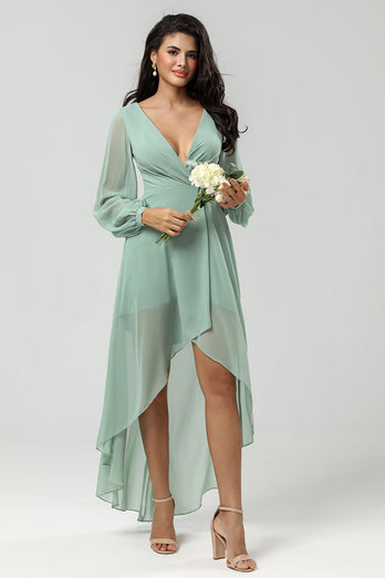 High Low V-Neck Matcha Bridesmaid Dress with Long Sleeves