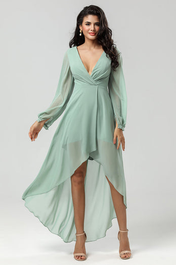 High Low V-Neck Matcha Bridesmaid Dress with Long Sleeves