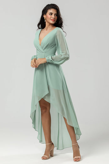 High Low V-Neck Matcha Bridesmaid Dress with Long Sleeves