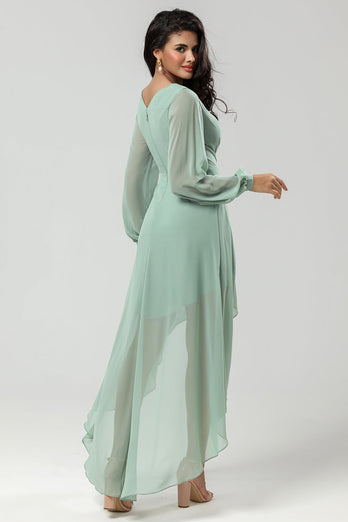 High Low V-Neck Matcha Bridesmaid Dress with Long Sleeves