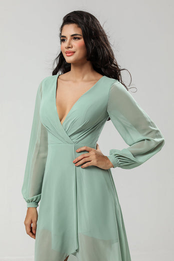 High Low V-Neck Matcha Bridesmaid Dress with Long Sleeves