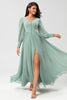 Load image into Gallery viewer, Long Sleeves Matcha Long Bridesmaid Dress with Split Front