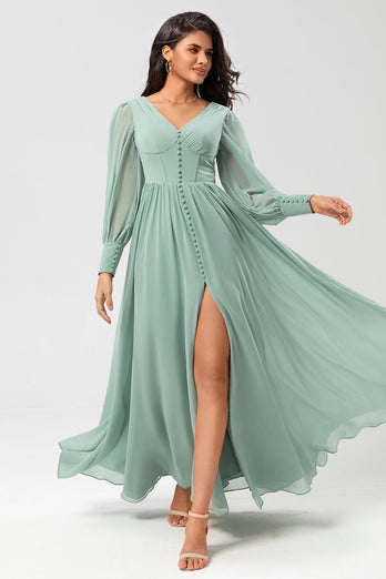 Long Sleeves Matcha Long Bridesmaid Dress with Split Front