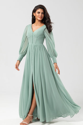 Long Sleeves Matcha Long Bridesmaid Dress with Split Front