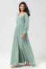 Load image into Gallery viewer, Long Sleeves Matcha Long Bridesmaid Dress with Split Front