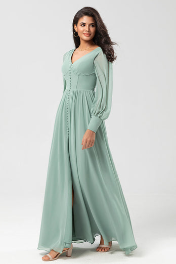 Long Sleeves Matcha Long Bridesmaid Dress with Split Front