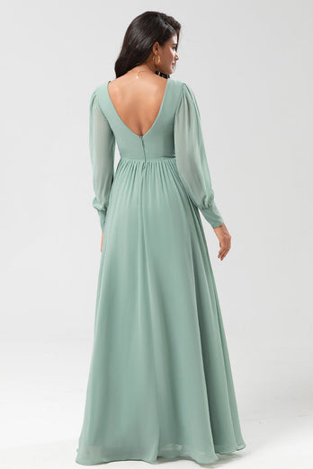 Long Sleeves Matcha Long Bridesmaid Dress with Split Front