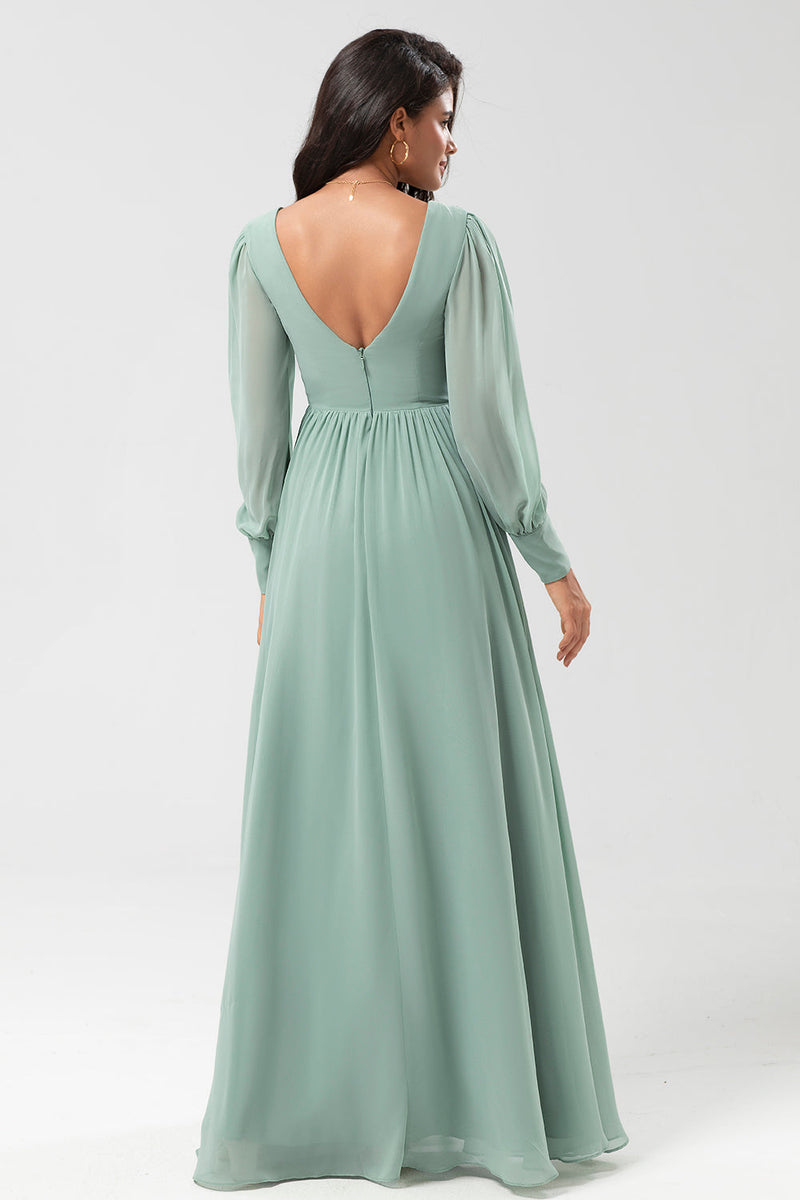 Load image into Gallery viewer, Long Sleeves Matcha Long Bridesmaid Dress with Split Front