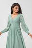 Load image into Gallery viewer, Long Sleeves Matcha Long Bridesmaid Dress with Split Front