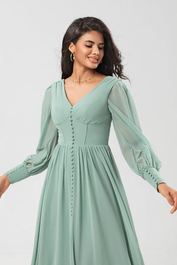 Long Sleeves Matcha Long Bridesmaid Dress with Split Front