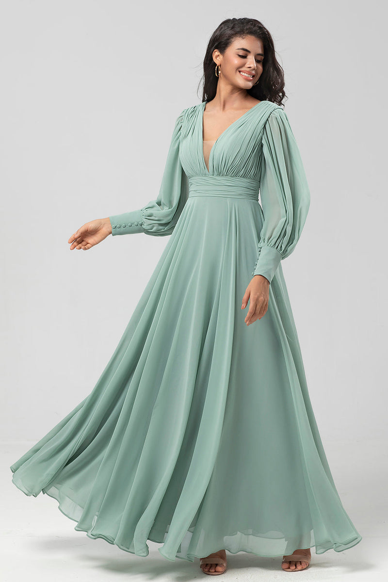 Load image into Gallery viewer, Chiffon Long Matcha Bridesmaid Dress with Button