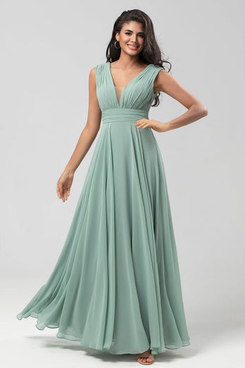 Chiffon Long Matcha Bridesmaid Dress with Button