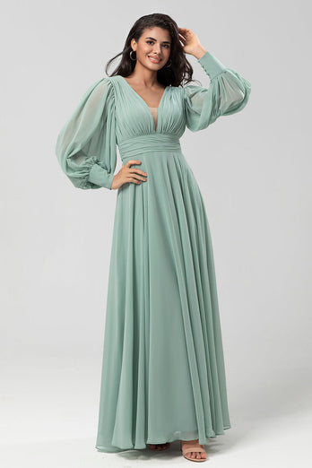 Chiffon Long Matcha Bridesmaid Dress with Button