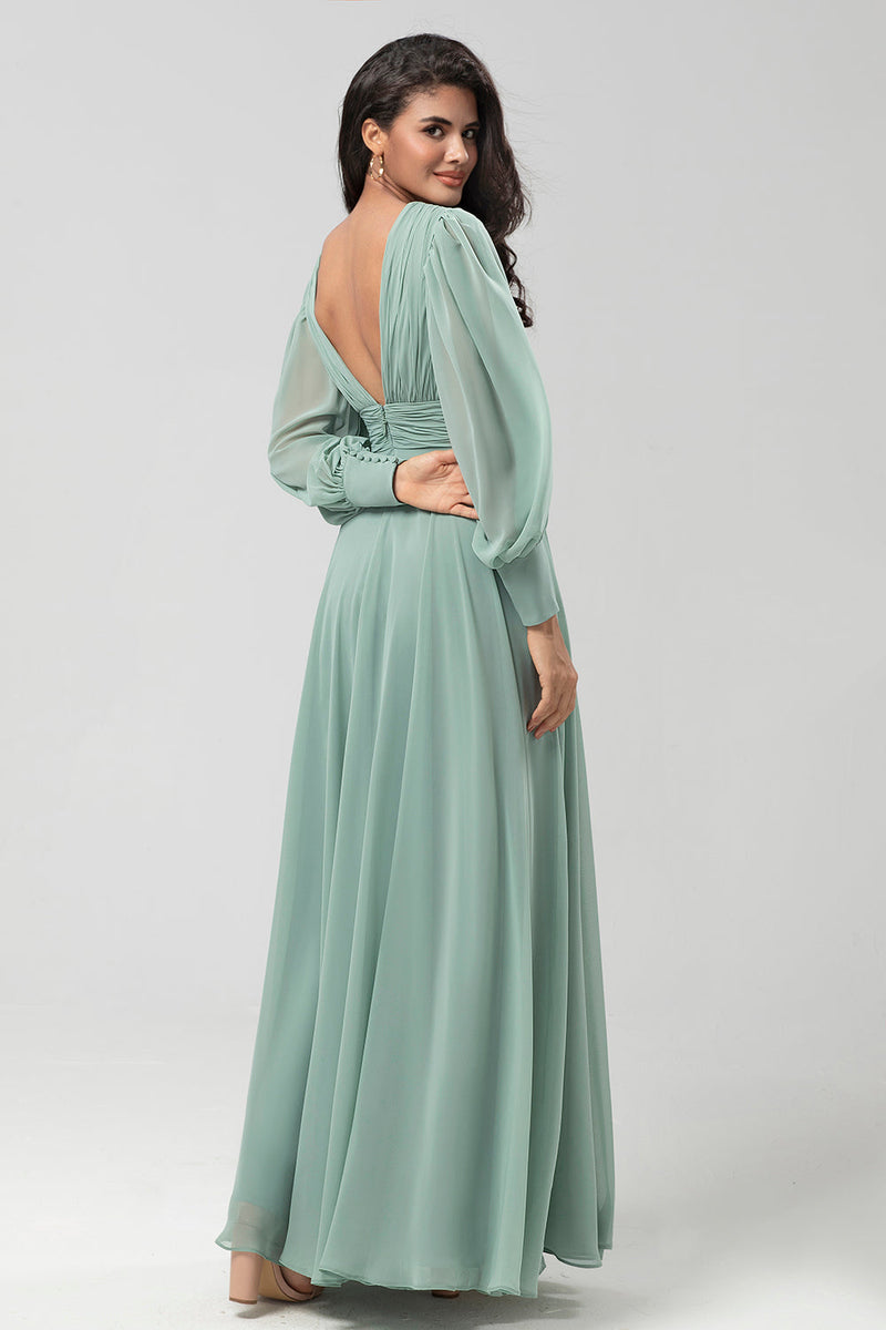 Load image into Gallery viewer, Chiffon Long Matcha Bridesmaid Dress with Button