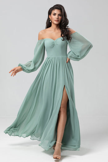 Chiffon Off The Shoulder Matcha Bridesmaid Dress with Long Sleeves