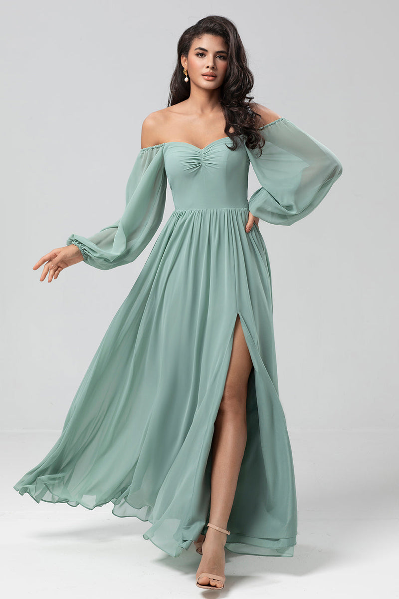 Load image into Gallery viewer, Chiffon Off The Shoulder Matcha Bridesmaid Dress with Long Sleeves