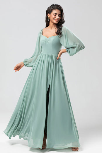 Chiffon Off The Shoulder Matcha Bridesmaid Dress with Long Sleeves