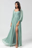 Load image into Gallery viewer, Chiffon Off The Shoulder Matcha Bridesmaid Dress with Long Sleeves