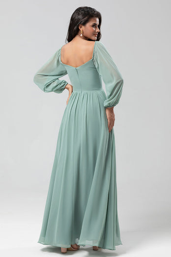 Chiffon Off The Shoulder Matcha Bridesmaid Dress with Long Sleeves