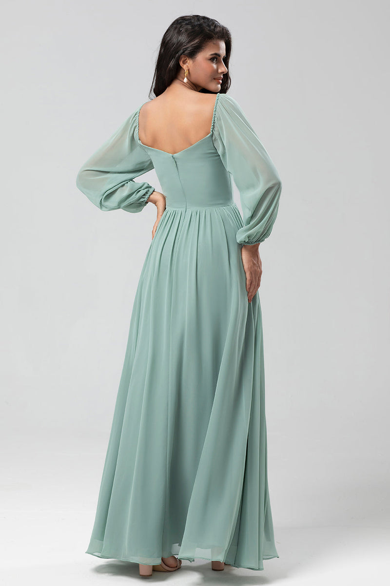 Load image into Gallery viewer, Chiffon Off The Shoulder Matcha Bridesmaid Dress with Long Sleeves